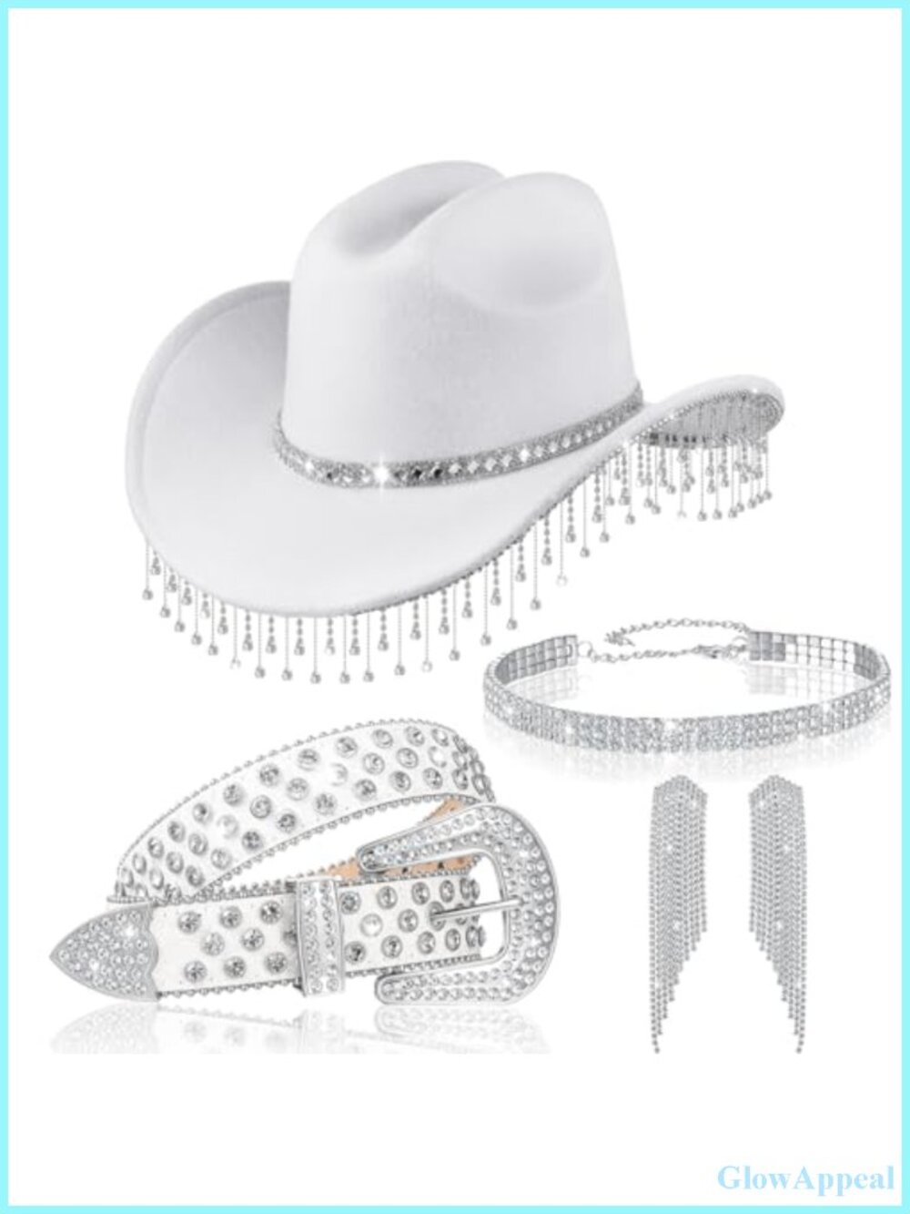 5pc Rhinestone Cowgirl Hat Belt Bracelet Necklace Earrings Set Western Party
